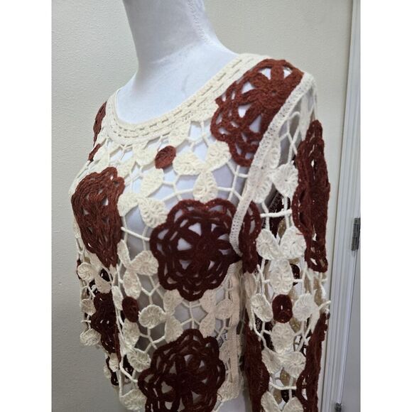 Boho Crochet Lace Knit Top Women's Size L Vintage-Inspired Festival 70's - Picture 2 of 9